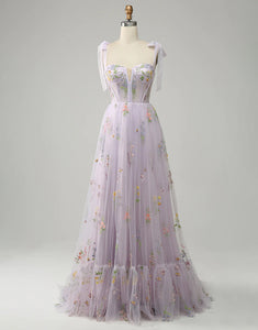 Lilac Embroidery Corset Long Prom Dress