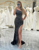 Glitter Black Sequins Waist Cut Out Prom Dress with Slit