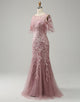 Grey Pink Mermaid Tulle Mother of the Bride Dress with Lace