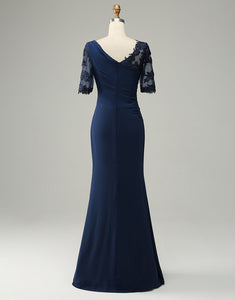 Navy Sheath Mother of Bride Dress with Appliques