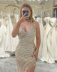 Glitter Golden Mermaid Backless Beaded Long Prom Dress With Slit
