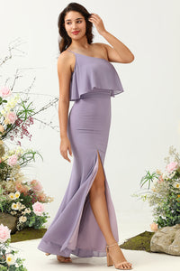 Sheath One Shoulder Purple Bridesmaid Dress with Silt