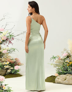 One Shoulder Satin Ruffles Wedding Guest Dress with Slit