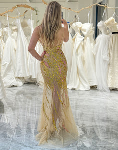 Sparkly Gold Beaded Backless Long Prom Dress with Slit