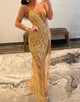 Sparkly Gold Spaghetti Straps Backless Long Prom Dress with Slit