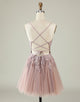 Spaghetti Straps Light Purple Homecoming Dress with Appliques
