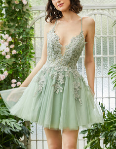 Green Spaghetti Straps A Line Homecoming Dress With Appliques