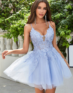 Spaghetti Straps Light Purple Homecoming Dress with Appliques