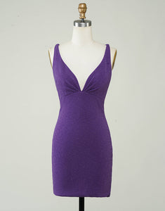 Deep V Neck Stylish Purple Short Homecoming Dress with Criss Cross Back