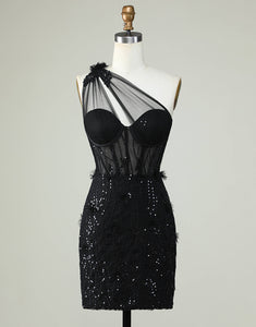 One Shoulder Bodycon Black Corset Homecoming Dress with Appliques