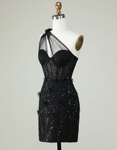 One Shoulder Bodycon Black Corset Homecoming Dress with Appliques