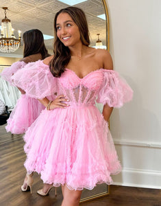 Pink A-Line Off The Shoulder Homecoming Dress with Tulle Cascading Ruffles