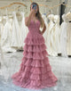 Pink A Line Backless Tiered Long Prom Dress