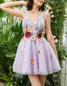 Deep V Neck Purple Open Back Homecoming Dress With Appliques