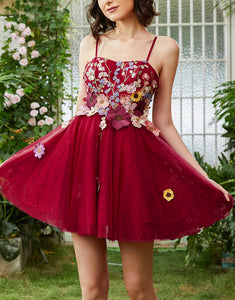 Spaghetti Straps Burgundy Homecoming Dress With Appliques