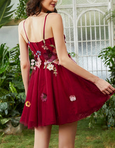 Spaghetti Straps Burgundy Homecoming Dress With Appliques