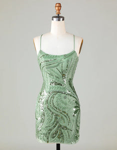 Sparkly Spaghetti Straps Green Short Homecoming Dress with Criss Cross Back