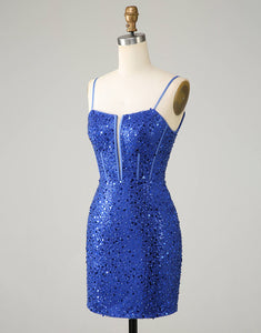 Royal Blue Tight Sparkly Spaghetti Straps Homecoming Dress