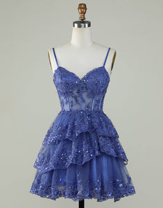 Spaghetti Straps Cute A Line Dark Blue Sparkly Corset Homecoming Dress with Appliques