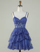 Spaghetti Straps Cute A Line Dark Blue Sparkly Corset Homecoming Dress with Appliques