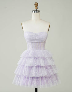 Purple Sparkly Corset Tiered Cute Homecoing Dress with Pleated