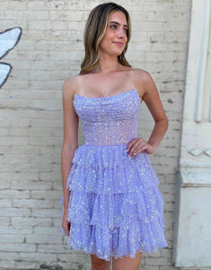 Gorgeous A Line Strapless Purple Sparkly Corset Homecoming Dress