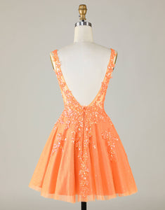 Orange Sparkly A Line Glitter Homecoming Dress with Sequins