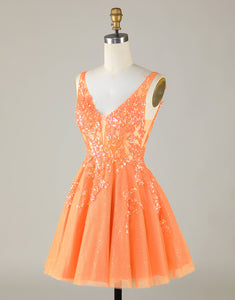 Orange Sparkly A Line Glitter Homecoming Dress with Sequins