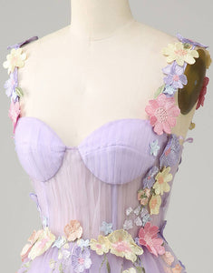 Spaghetti Straps Purple Tulle Homecoming Dress With 3D Flowers