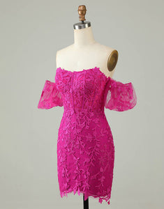 Hot Pink Off the Shoulder Bodycon Appliques Homecoming Dress