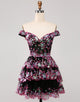 Sparkly Black Pink Corset Tiered Lace A-Line Short Homecoming Dress