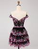 Sparkly Black Pink Corset Tiered Lace A-Line Short Homecoming Dress