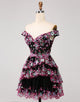 Sparkly Black Pink Corset Tiered Lace A-Line Short Homecoming Dress