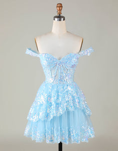 Sparkly Blue Corset Tiered Lace A-Line Short Homecoming Dress with Appliques