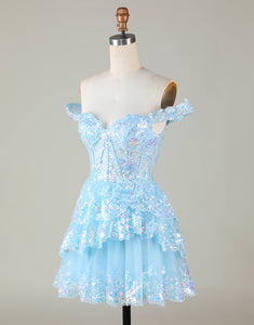 Sparkly Blue Corset Tiered Lace A-Line Short Homecoming Dress with Appliques