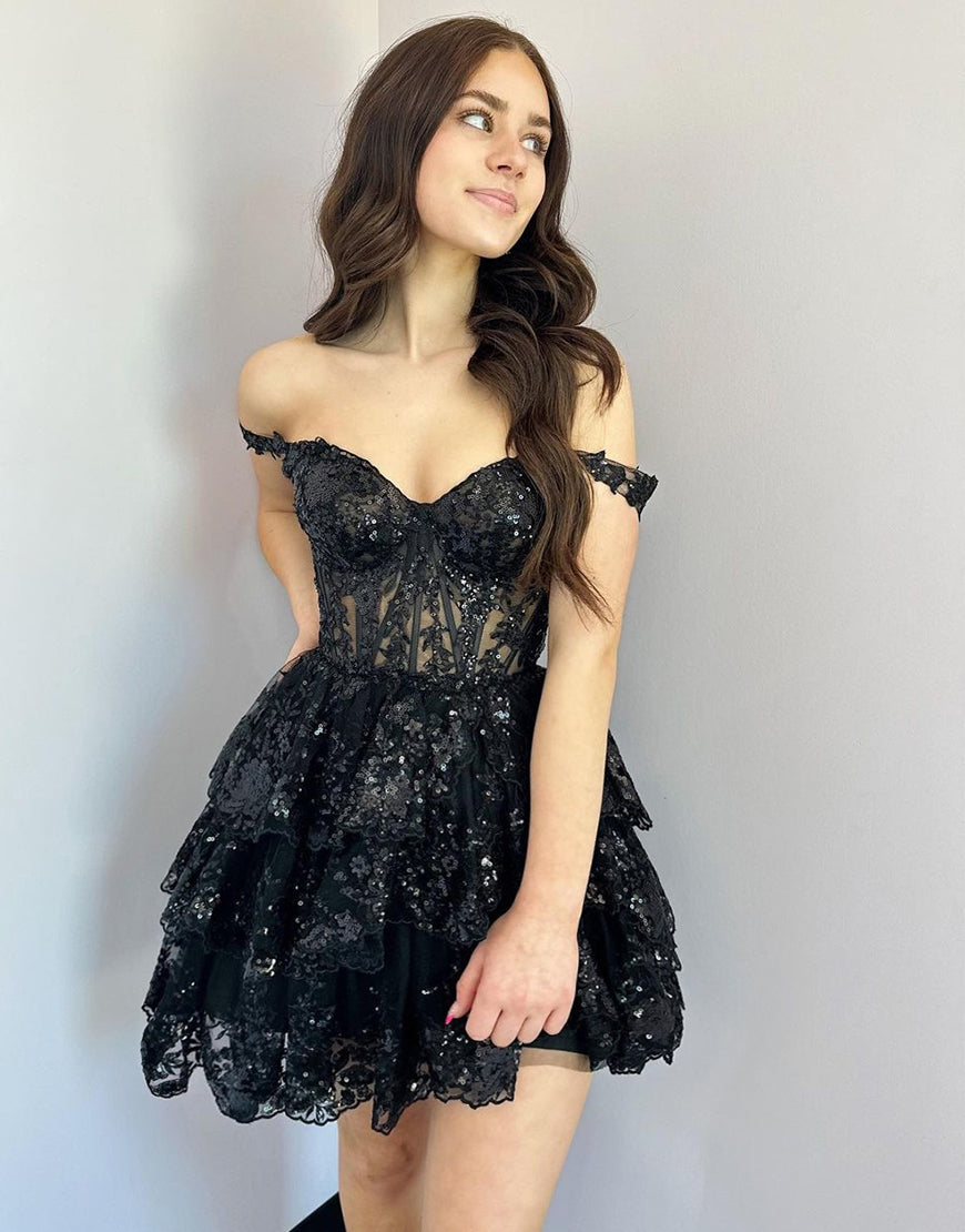 Dressself Women Sparkly Black Corset Tiered Lace A-Line Short Homecoming Dress Dressself Women Sparkly Black Corset Tiered Lace A-Line Short Homecoming Dress
