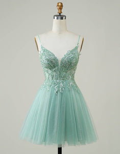Sparkly A Line Green Cute Homecoming Dress with Beaded
