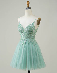 Sparkly A Line Green Cute Homecoming Dress with Beaded