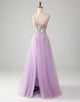 Lilac A-Line V-Neck Long Prom Dress With Applique