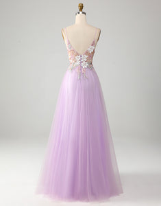 Lilac A-Line V-Neck Long Prom Dress With Applique