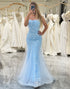 Blue Mermaid Spaghetti Straps Long Prom Dress With Appliques