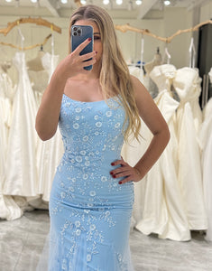 Blue Mermaid Spaghetti Straps Long Prom Dress With Appliques