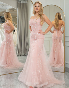 Blush Mermaid Spaghetti Straps Long Prom Dress With Appliques