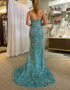 Blue Sequins Long Prom Dress with Split Front