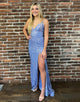 Blue Sequins Long Prom Dress with Split Front