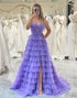 Purple Tulle A Line Long Tiered Prom Dress With Front Slit