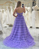 Purple Tulle A Line Long Tiered Prom Dress With Front Slit