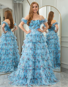 Blue A Line Strapless Tiered Long Prom Dress With Feathers