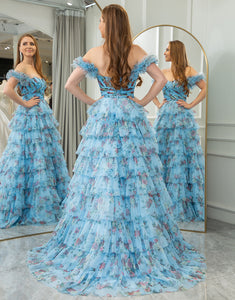 Blue A Line Strapless Tiered Long Prom Dress With Feathers