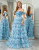 Blue A Line Strapless Tiered Long Prom Dress With Feathers